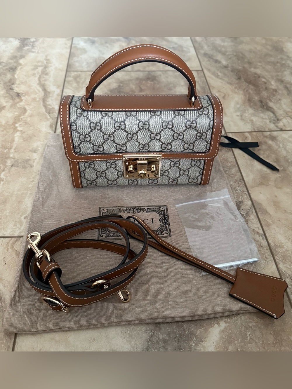 INEXPENSIVE Gucci Beige/Brown GG Supreme Top Handle Shoulder Bag Gold Padlock